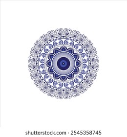 Dieses komplexe blaue Mandala-Design verfügt über ein schützendes "böse Auge" Zentrum, umgeben von Schichten von floralen und geometrischen Mustern. Mit eleganter Symmetrie, ruft es Ruhe und Harmonie hervor
