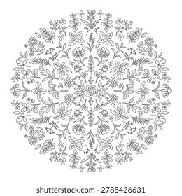 This intricate botanical mandala features a harmonious arrangement of various herbs and flowers, meticulously rendered in clean, delicate black and white line art. The circular design evokes a sense
