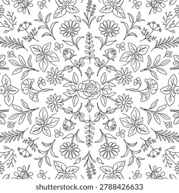 This intricate botanical seamless pattern features a delicate array of hand-drawn flowers and herbs, rendered in elegant black line art on a crisp white background. The design showcases a harmonious