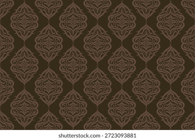 Esta intrincada obra de arte del patrón del damasco, mezclada con los patrones orientales en un fondo marrón, se puede utilizar en el Diseño gráfico, los diseños de la tela, los patrones de la ropa, los bolsos, los pantalones, las cortinas, las alfombras, las sábanas, y más.
