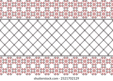 This intricate design features a seamless blend of geometric motifs and floral elements, embodying traditional pixel art aesthetics. The top and bottom borders display a floral-inspired pattern.