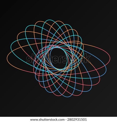 This intricate digital illustration features a symmetrical arrangement of cyan and vibrant orange elliptical lines rotating around a central point. The complex geometric pattern creates a sense of depth and motion against a solid black backdrop, evoking themes of quantum physics, mathematics, futuristic technology, and cosmic energy in minimalist style.