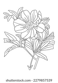 This intricate flower illustration is perfect for coloring enthusiasts of all ages. It features a variety of petals and leaves, ready to be brought to life with your favorite coloring tools.