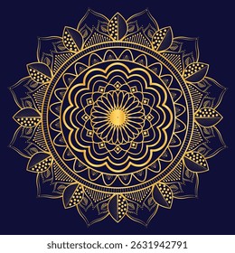 This intricate gold mandala features layered geometric patterns with floral and leaf motifs, radiating symmetrically on a deep navy background, symbolizing harmony and spiritual unity.