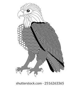 Esta intrincada ilustración dibujada a mano de un águila presenta un patrón detallado de líneas y puntos, perfecto para colorear páginas, arte mural o proyectos digitales.