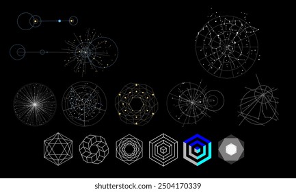 Esta intrincada ilustración Explore la interacción entre los cuerpos celestes y las formas geométricas. Una colección de diversos Elementos que van desde constelaciones y planetas hasta Formas geométricas sagradas