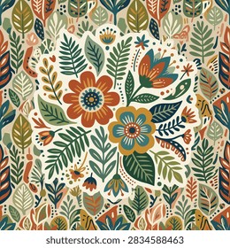 This intricate illustration showcases a repeating botanical motif with stylized flowers and foliage. The composition uses a warm, earthy color palette of terracotta, deep green and muted gold against a light background. The central arrangement creates a focal point surrounded by a dense, rhythmic pattern of organic shapes and delicate textures
