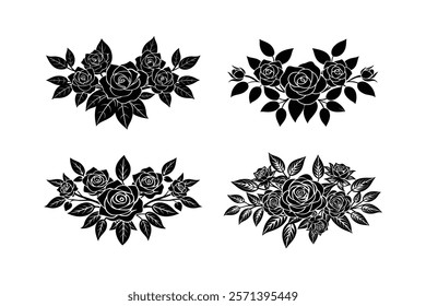 This intricate line art design features a beautiful cluster of blooming roses, each with detailed, delicate petals and leaves. The flowers are interconnected by flowing stems, creating a harmonious an