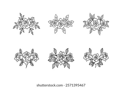 This intricate line art design features a beautiful cluster of blooming roses, each with detailed, delicate petals and leaves. The flowers are interconnected by flowing stems, creating a harmonious an