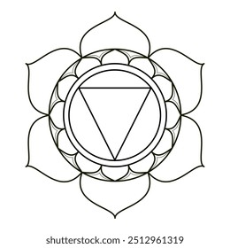 This intricate line drawing depicts the Manipura Chakra, the solar plexus chakra in yoga and meditation. The symbol features a downward-pointing triangle surrounded by a lotus flower with ten petals.