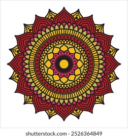 This intricate mandala design features a harmonious blend of geometric patterns, radiating from the center in symmetrical perfection. The design showcases delicate details, with overlapping lines, 
