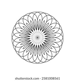 This intricate mandala design features symmetrical floral and geometric patterns, perfect for coloring or tattoo inspiration. The detailed linework creates a harmonious and mesmerizing visual effect. 