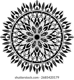 Este intrincado diseño de mandala presenta Elementos florales simétricos dispuestos en un patrón circular. Es un gráfico detallado y decorativo, perfecto para varios proyectos creativos.
