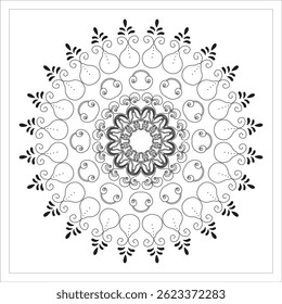 This intricate mandala features a beautifully symmetrical floral pattern composed of concentric rings of paisley, swirl, and petal motifs. It is ideal for coloring, meditation, decorative enhancement.