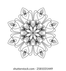 This intricate mandala features a harmonious blend of floral and heart motifs, creating a balanced and captivating design. Perfect for coloring, tattoo inspiration, or meditation, it embodies love, pe