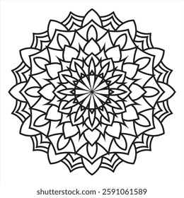 This intricate mandala features a symmetrical composition with floral patterns at the core