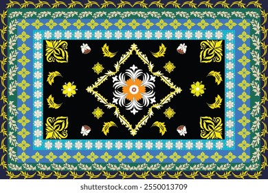 This intricate rug design features a black background, floral patterns with orange, white, and yellow accents, golden curves, layered borders in blue, green, and yellow, and symmetrical details