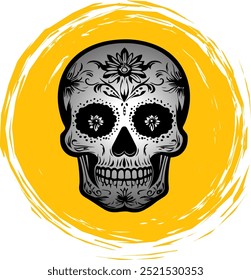 This Intricate Sugar Skull Design Features Floral Patterns and is Set Against a Bold Yellow Backdrop, Perfect for Day of the Dead, Mexican Culture, and Festive Art Themes.