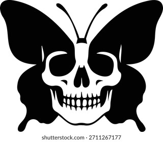 Este intrigante gráfico en blanco y negro fusiona la delicada forma de una mariposa con las duras imágenes de un cráneo, que representan temas de mortalidad, renacimiento y cambio.