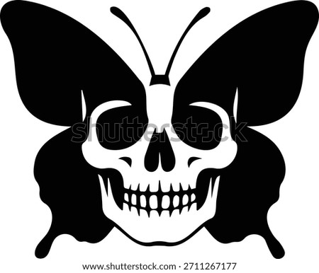 This intriguing black and white graphic merges the delicate form of a butterfly with the stark imagery of a skull, representing themes of mortality, rebirth, and change.
