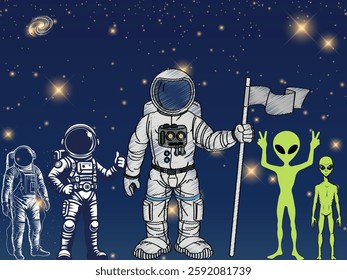 In this intriguing image, an astronaut stands with an alien on the surface of a distant planet. The astronaut, in a sleek space suit, looks both amazed and curious.