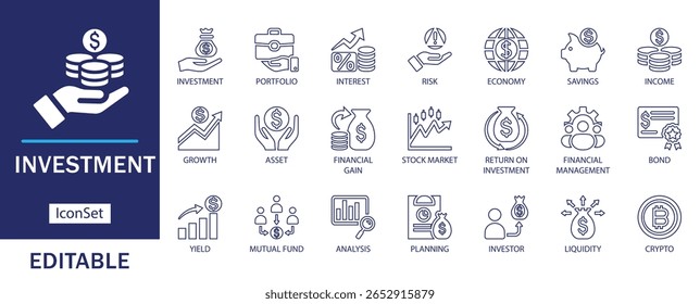 Este conjunto de iconos de inversión. Cuenta con iconos de línea editables que representan las finanzas, los ahorros, la Cartera, el ROI, la economía, las criptomonedas, los fondos mutuos y el crecimiento financiero en estilo de Vector.