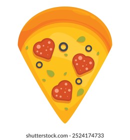 Esta ilustração convidativa apresenta uma única fatia de pizza com pepperoni em forma de coração, perfeito para as promoções do dia dos namorados