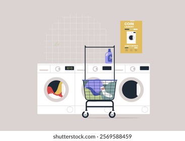 This inviting laundry space features sleek washers and dryers, a pop of color from clothes, and a laundry cart ready for a fresh load, evoking a sense of order and cleanliness