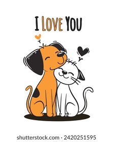 Esta ilustración irresistible captura un tierno momento de amor entre un perro adorable y un gato. Su amistad irradia calor, creando una dulce escena que derrite corazones.