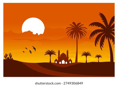 This Islamic-themed vector illustration features an analogous, monochromatic color scheme dominated by shades of orange, golden yellow, and dark brown for the silhouette. The main focus in the background is a large white sun, half obscured by layered mountain silhouettes. Thin, horizontal clouds cross the center, creating a sense of expansive atmosphere. In the center is the silhouette of a mosque with a central dome and two minarets on its sides. Around the mosque, several date palms of varying sizes grow, creating a visual perspective. A flock of birds also flies low on the left side, adding a dynamic feel to the image. The bottom of the image depicts a stretch of dark sand dunes with curved lines that resemble a road or sand dune. In the bottom left corner, a small detail in the form of a cactus plant emphasizes the desert setting. This illustration uses a flat vector design style with a silhouette technique. This image is highly relevant for use as greeting cards, Islamic posters, Islamic-themed digital assets, and wall decorations.