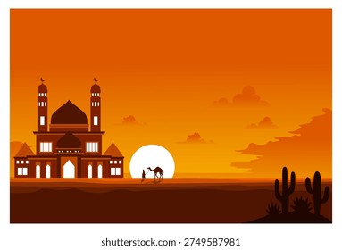This Islamic-themed vector illustration features an analogous and monochromatic color scheme dominated by shades of orange, golden yellow, and dark brown for the silhouette. The main focus in the background is the silhouette of a majestic mosque with a large dome in the center and two tall minarets on the left and right sides, with a half-set sun behind it and thin, horizontal clouds across the center, creating a sense of spaciousness. Next to the mosque, the silhouettes of a camel and a guide stand amidst the setting sun. The bottom of the image features a dark, textured expanse of sand, complete with cacti, emphasizing the desert setting. This illustration uses a flat vector design style with silhouette techniques.
This image is highly relevant for use as greeting cards, Islamic posters, Islamic-themed digital assets, and wall decorations.