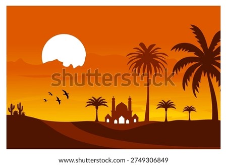 This Islamic-themed vector illustration features an analogous, monochromatic color scheme dominated by shades of orange, golden yellow, and dark brown for the silhouette. The main focus in the background is a large white sun, half obscured by layered mountain silhouettes. Thin, horizontal clouds cross the center, creating a sense of expansive atmosphere. In the center is the silhouette of a mosque with a central dome and two minarets on its sides. Around the mosque, several date palms of varying sizes grow, creating a visual perspective. A flock of birds also flies low on the left side, adding a dynamic feel to the image. The bottom of the image depicts a stretch of dark sand dunes with curved lines that resemble a road or sand dune. In the bottom left corner, a small detail in the form of a cactus plant emphasizes the desert setting. This illustration uses a flat vector design style with a silhouette technique. This image is highly relevant for use as greeting cards, Islamic posters, Islamic-themed digital assets, and wall decorations.