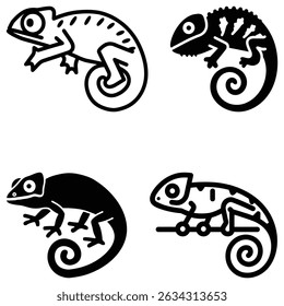 Este arranjo isolado mostra quatro ícones de camaleão distintos, cada um renderizado em negrito na arte da linha preta.