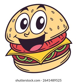 This isolated cartoon shows a joyful burger featuring wide eyes, a cheerful smile, melting cheese, fresh vegetables, and a seeded bun, set against a transparent backdrop.