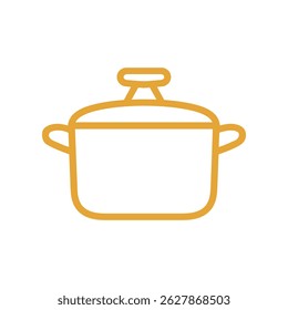 This is an isolated golden outline of a cooking pot that shows the pot with its lid, which creates a striking visual against the clean white background.