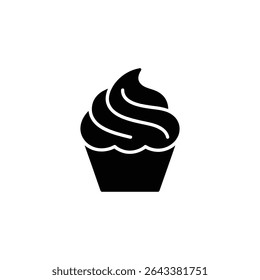 Esta imagem isolada mostra um ícone simples e arrojado de cupcake preto e branco com geada redemovida em cima e um revestimento de cupcake canelado.
