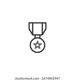 Este arte lineal aislado muestra un emblema de medallón con un símbolo de estrella. Simboliza logros y victorias, lo que lo convierte en un elemento gráfico adecuado para una variedad de diseños. Está claro