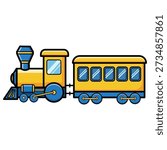 This isolated vector illustration shows a classic yellow and blue steam engine locomotive pulling a single carriage, rendered in a simple, friendly cartoon style ideal for childrens design projects and educational materials.