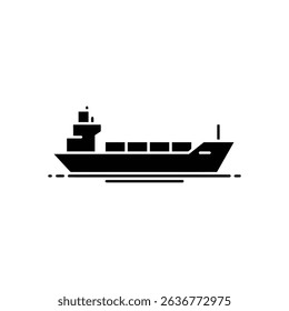 This isolated vector illustration shows a black silhouette of a cargo ship on water against a white backdrop, highlighting its container vessel design.