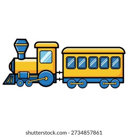 This isolated vector illustration shows a classic yellow and blue steam engine locomotive pulling a single carriage, rendered in a simple, friendly cartoon style ideal for childrens design projects and educational materials.