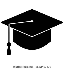 This isolated vector shows a stark black graduation cap complete with a tassel, symbolizing accomplishment and academic success, set against a transparent background for easy integration.