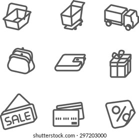This is isomeric linear icons of sale topic. Here all what you need for infographic, web site, business and other. Icons include purse, food basket, logistics, gift box, card.