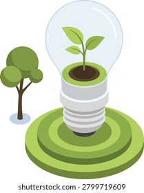 This isometric a clear glass light bulb containing a small green sprout growing from soil. The base of the bulb is white and silver, resting on a layered green circular platform. To the left, a stylized green tree stands on a small patch of ground. The symbolizes new ideas, growth, and the concept of green energy or eco-friendly innovation.