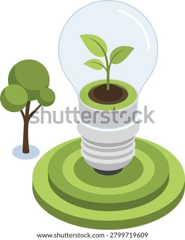 This isometric a clear glass light bulb containing a small green sprout growing from soil. The base of the bulb is white and silver, resting on a layered green circular platform. To the left, a stylized green tree stands on a small patch of ground. The symbolizes new ideas, growth, and the concept of green energy or eco-friendly innovation.