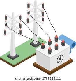 This isometric an electrical substation featuring a white transformer box with a lightning bolt symbol and red-capped insulators. Power lines extend from the transformer to two white utility poles, also equipped with red-capped insulators. The scene is set on a green grassy area with a brown base, suggesting an outdoor industrial setting. The clean, flat style uses a limited color palette of white, gray, black, red, and green.