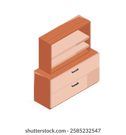 This isometric icon depicts a stylish wooden showcase cabinet with two drawers.