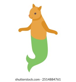 This isometric icon features a charming cat mermaid gracefully swimming, showcasing a vibrant green tail