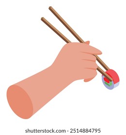 This isometric icon features a hand delicately holding a piece of sushi with chopsticks