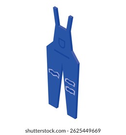 This isometric icon features a pair of blue overalls, highlighting the rips and tears commonly found on workwear