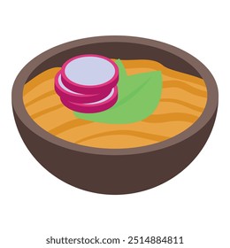 Este ícone isométrico apresenta uma tigela a vapor de sopa, guarnecida com rabanete fresco e espinafre, perfeito para projetos de alimentos e bebidas